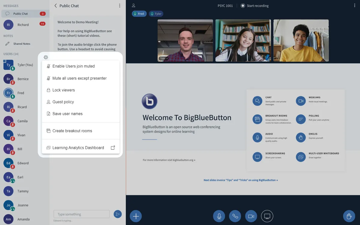 BigBlueButton virtual classroom lock settings