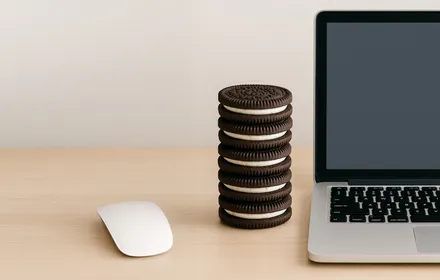 A stack of cookies next to a laptop